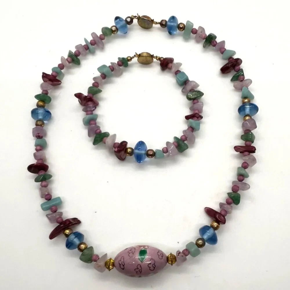 Cloisonné Bead Necklace with Multicolor Natural Stone & Glass and Bracelet - Picture 1 of 16